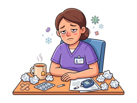 Nurse Tired at Desk with Medicine Illustration