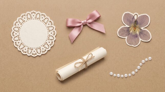Ribbon Bow Flower Scroll Flat Lay Tan Photo