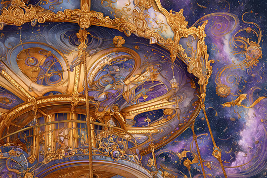 Golden celestial carousel in outer space