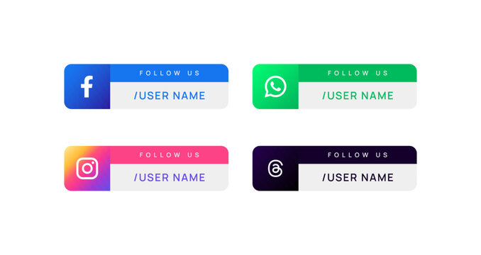 Social media lower thirds overlay set featuring facebook whatsapp instagram threads icons with editable username text fields for video content branding projects.