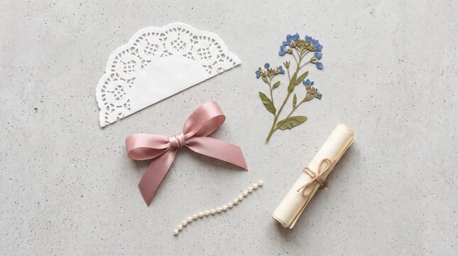 Ribbon Bow Flower Scroll Flat Lay Concrete Photo