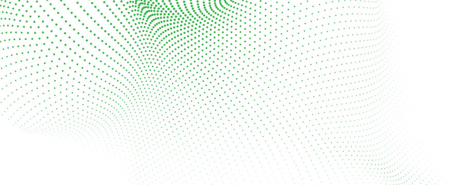 Abstract green halftone dot wave pattern background with dynamic flowing curve texture