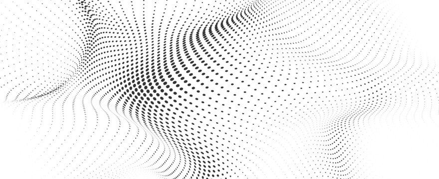 Abstract black organic halftone dot wave background, flowing geometric particle mesh pattern with futuristic digital technology vector illustration