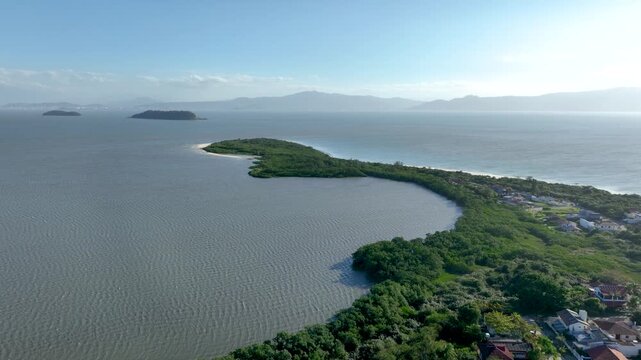 Florian&oacute;polis, Daniela Beach. Aerial View of Tropical Coastline. Establishing Shot. Santa Catarina, Brazil.