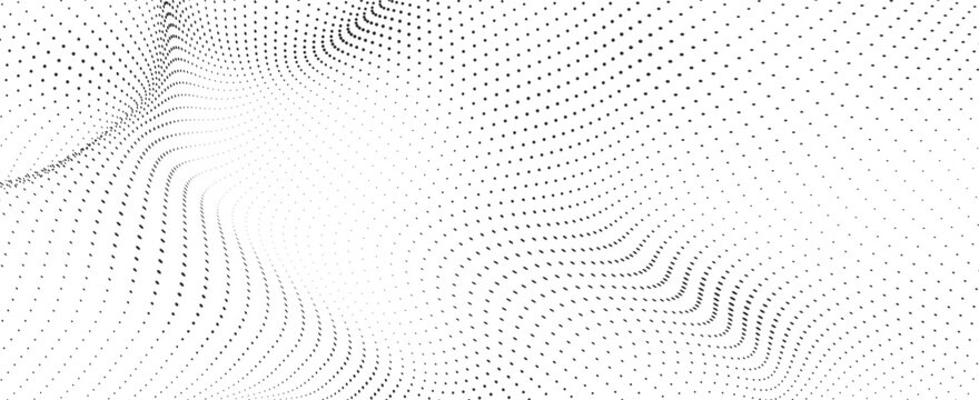 Abstract black organic halftone dot wave background, flowing geometric particle mesh pattern with futuristic digital technology vector illustration