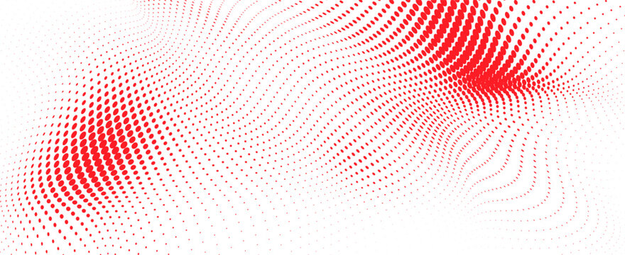 Abstract red halftone dot wave pattern background with dynamic curved ripple surface