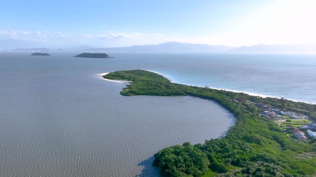 Florian&oacute;polis, Daniela Beach. Aerial View of Tropical Coastline. Establishing Shot. Santa Catarina, Brazil.