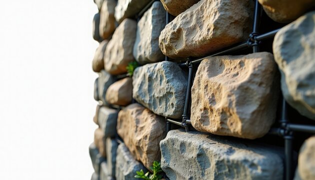 stone wall with gabion baskets and rugged fieldstones in close-up, stone wall showing textured rocks and metal cages, dry-stacked mortarless construction with natural color variation,