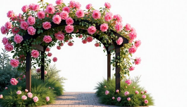 Rose arch covered with pink climbing roses and lush green foliage over stone garden path, rose arch framed by blooming shrubs, ornamental grasses and soft sunlight,