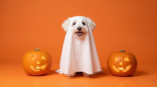 Funny dog wearing cute ghost halloween costume