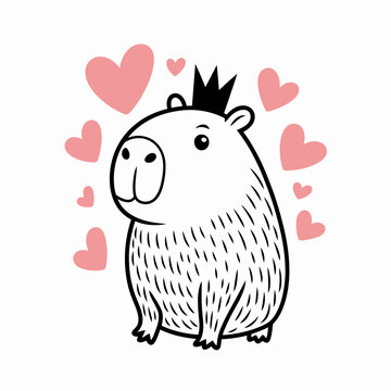 Capybara with black crown and pink hearts royal kawaii drawing