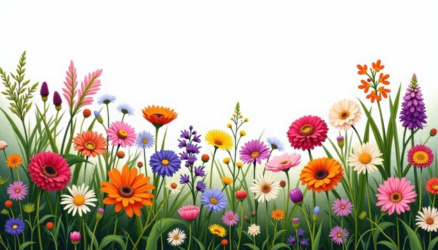 Wildflower meadow with colorful spring flowers, daisies, poppies, cornflowers, gerbera and asters among green grass and foliage, wildflower meadow showcasing mixed floral textures and bouquets,