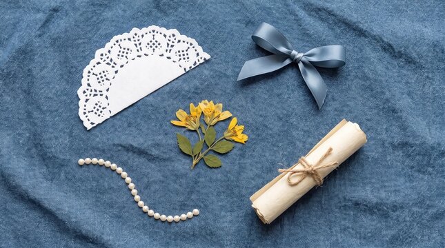 Ribbon Bow Flower Scroll Flat Lay Denim Blue Photo