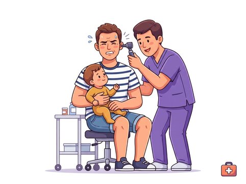 Doctor Examining Child's Ear with Father Illustration