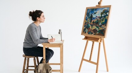 Fototapeta premium Artist studying painting on easel while taking notes in a studio