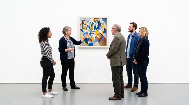 Art gallery tour guide explaining abstract painting to visitors