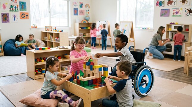 Diverse children with disabilities and without enjoy playing with blocks in a bright inclusive classroom setting