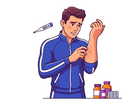 Man with Arm Pain and Medicine Bottles Illustration