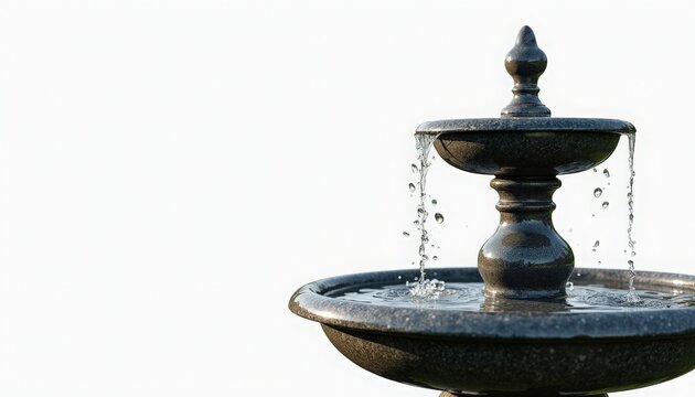 stone fountain with flowing water and tiered basins, close-up of weathered stone fountain with dripping spouts, moss and patina on textured surfaces,