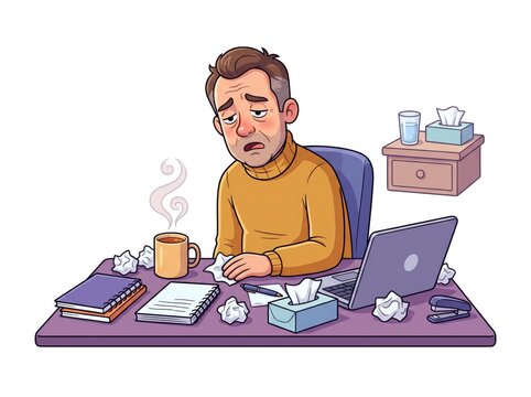 Man Tired at Desk with Coffee and Tissues Illustration