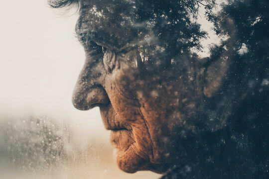 Double Exposure: Elderly Man's Face and Forest