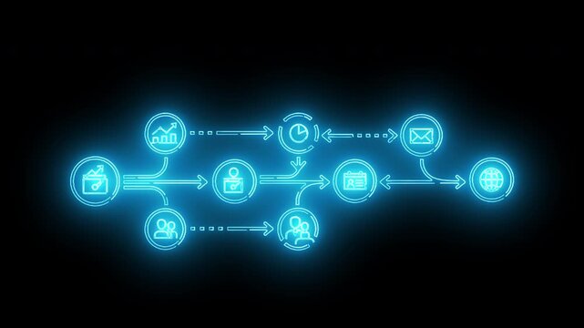 Horizontal neon blue agile scrum process loop featuring clock user avatars and messaging icons for iterative project management
