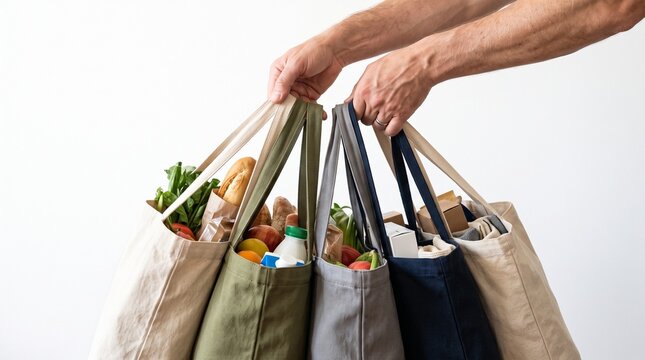 Person holding multiple reusable shopping bags filled with groceries