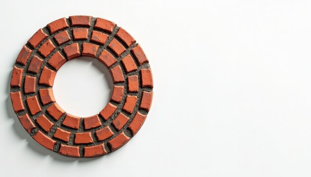 Brick circle of red bricks arranged in concentric ring on white background, brick circle displaying textured masonry, mortar joints and geometric pattern,