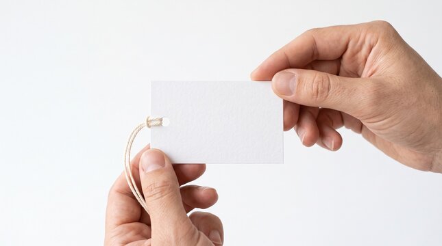 Hands holding a blank white tag with string on white background