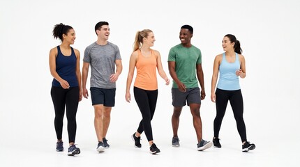 Obraz premium Diverse group of friends walking together in athletic wear on a white background