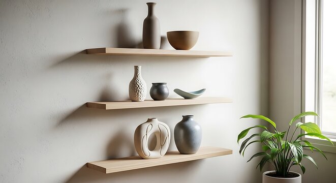 Minimalist wooden floating shelves styled with ceramic vases and decorative