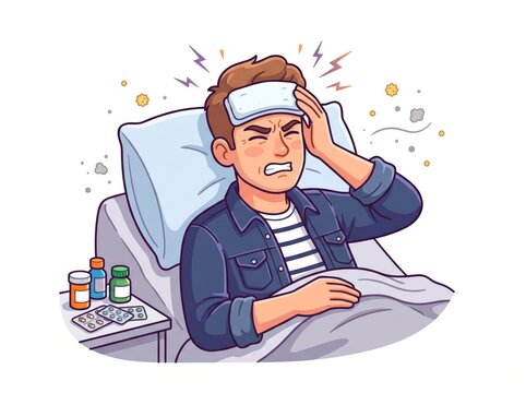 Man with Headache on Pillow Illustration