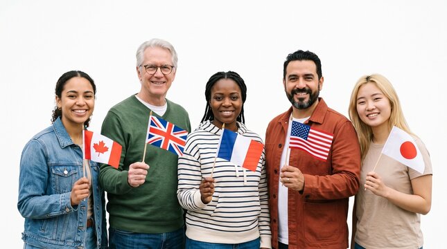 Diverse group of people holding national flags celebrating global unity and diversity
