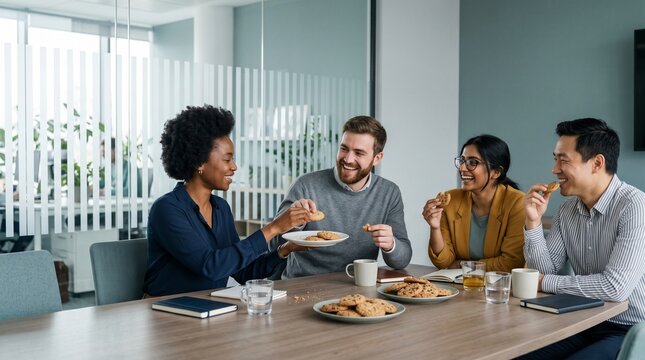 Coworkers eating lunch and talking at an office meeting table  