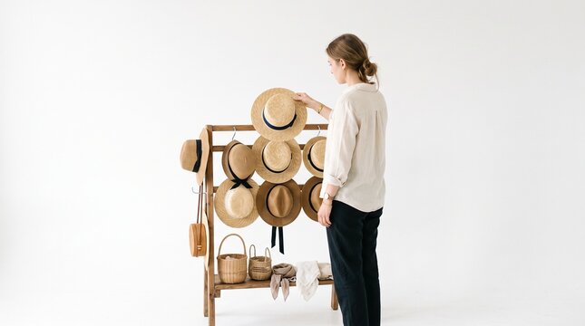Woman choosing a straw hat from a wooden display rack with accessories