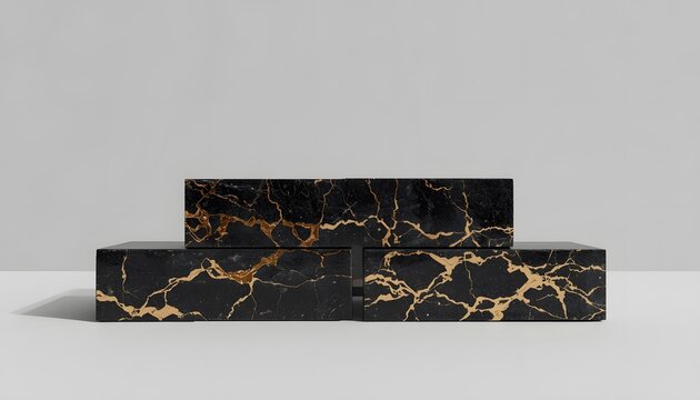 Black basalt monolithic blocks with golden marble veins
