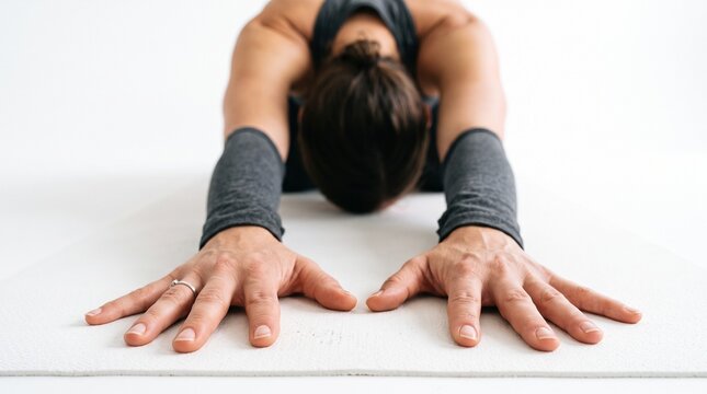 Person in Yoga Child Pose Stretching on White Mat