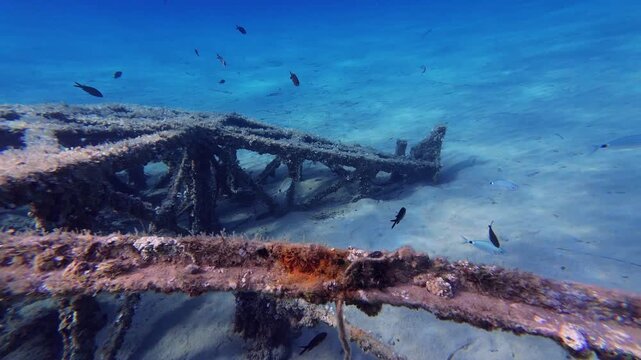 Underwater view of an artificial reef created by collapsed metal debris overgrown with marine life