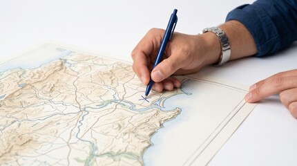 Naklejka premium Person marking a location on a detailed topographic map with a blue pen