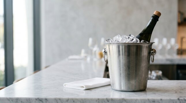 Champagne bottle chilling in an ice bucket on a restaurant table  