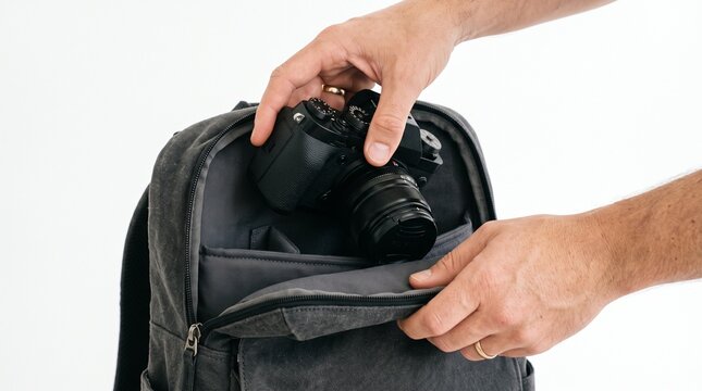 Person placing a black digital camera into a dark grey backpack on a white background