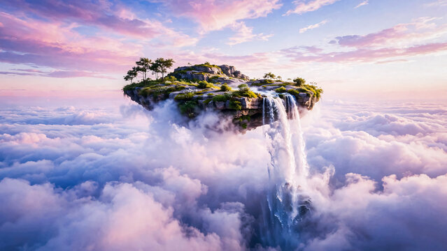 Ile rocher avec chute d'eau dans les nuages