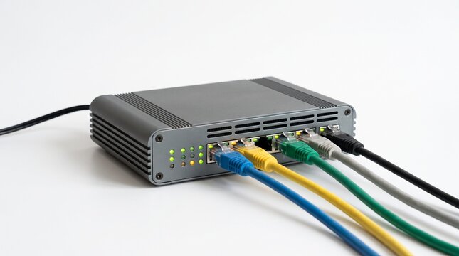Network switch with multiple ethernet cables connected and lights on