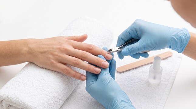 Manicurist using cuticle nippers to trim a clients fingernails during a manicure