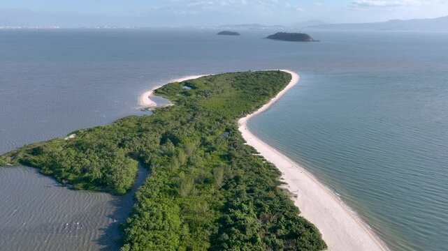 Florian&oacute;polis, Daniela Beach. Aerial View of Tropical Coastline. Establishing Shot. Santa Catarina, Brazil.
