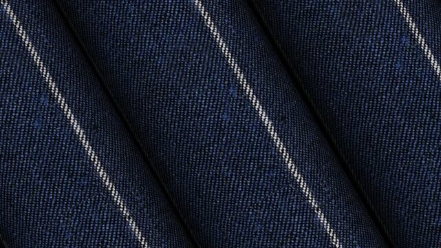 Seamless revolving display of Italian navy wide stripe linen fabric rolls revealing elegant summer suiting pattern and soft high end textile texture