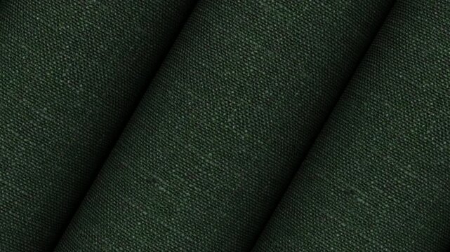 Continuous turning view of Italian dark olive green linen fabric rolls displaying rich earth tone hue and natural high quality textile weave background