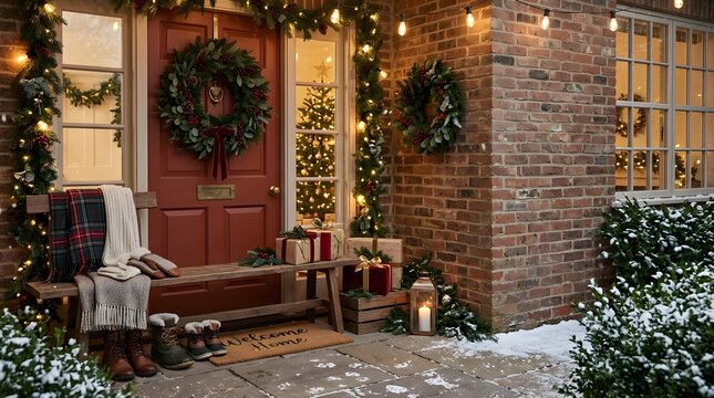 Cozy decorated front porch of a brick house with christmas lights and festive holiday wreaths at night