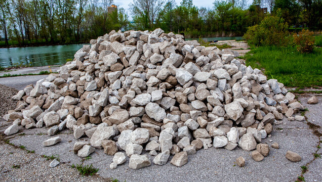 A pile of concrete stones and rubble from pavement