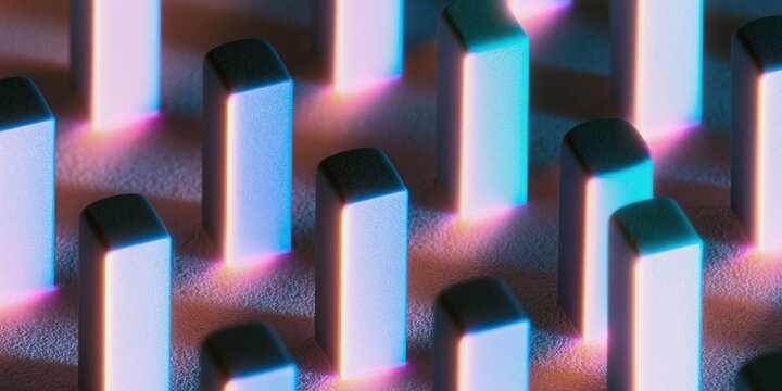 Abstract candlestick bars and signal nodes in a repeating geometric pattern, glowing with blue and mint light for fintech and data analytics backgrounds